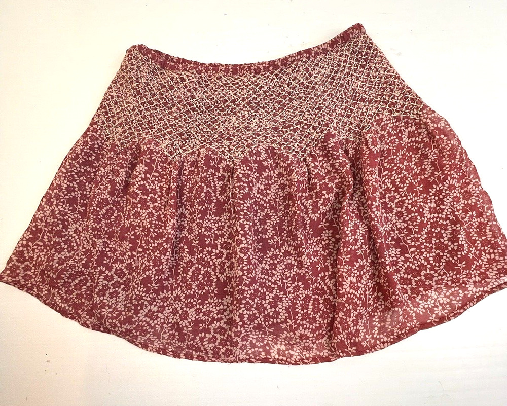 Ulla Johnson Ruffle Skirt Women 2 Smocked Silk Burgundy Short Stretch Waist